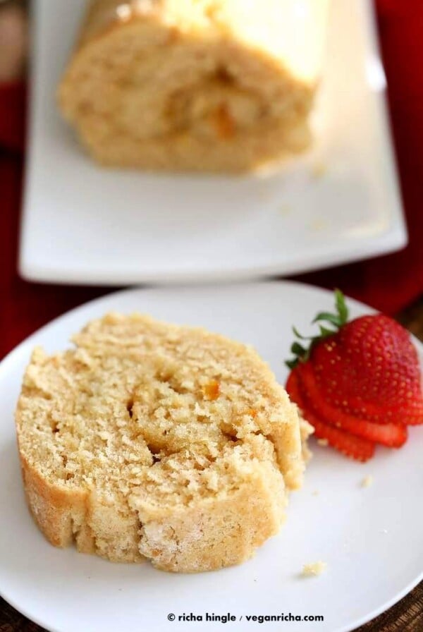 Vegan Swiss roll with yellow cake and fruit preserves. Easy Swiss roll Cake. Vegan Soy-free Recipe. makes 1 9 by 13 inch baking sheet or 8 inch cake pan