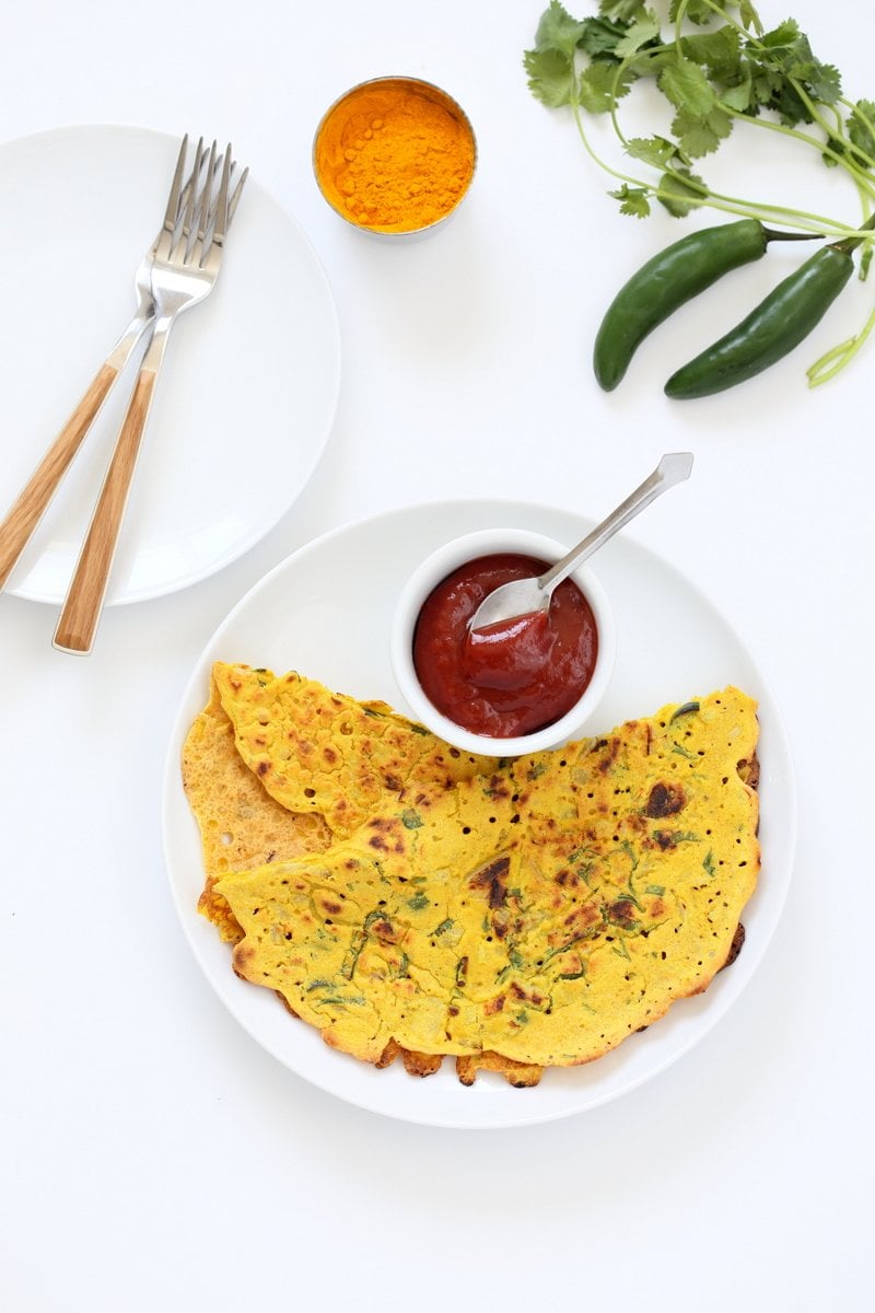 Chilla, Cheela or Pudla are simple Indian breakfast pancakes. These Vegan Chickpea flour Pancakes are crepe like savory breakfast. Add veggies to the batter or serve with roasted veggies and a dip. Gluten-free Soy-free Nut-free Recipe. | Vegan Richa
