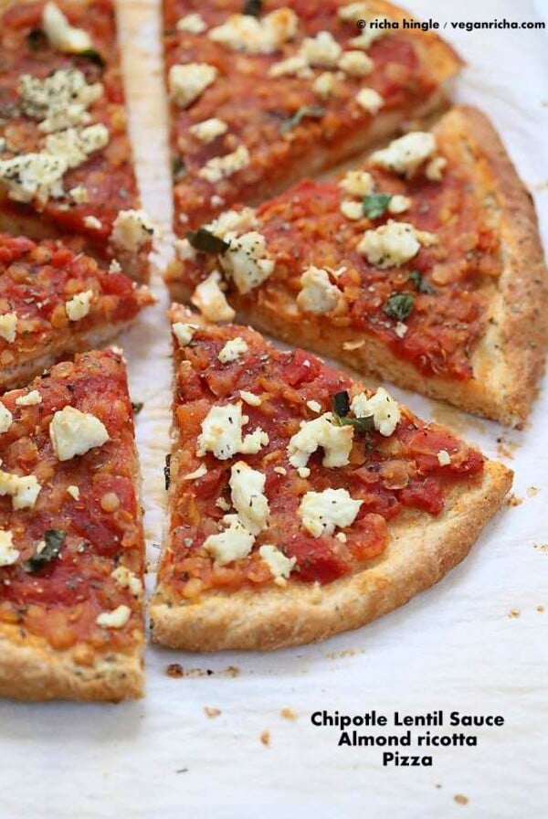 Chipotle Red lentil Tomato Sauce, Basil and Vegan Ricotta Pizza | Vegan Richa #glutenfree #veganricha #vegan