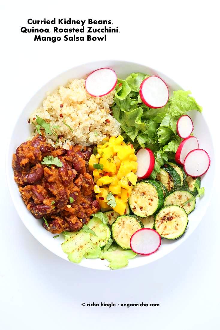 Curried Kidney Beans, Quinoa, Roasted Zucchini, Mango Salsa Bowl | Vegan Richa
