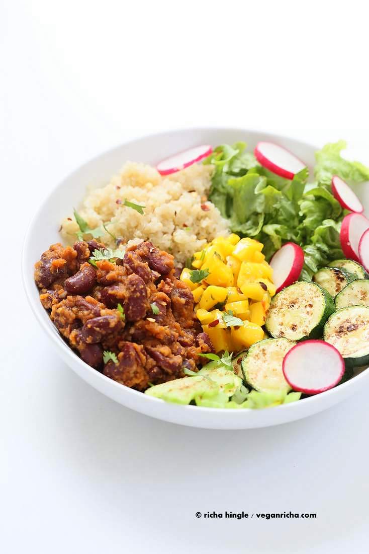 Curried Kidney Beans, Quinoa, Roasted Zucchini, Mango Salsa Bowl | Vegan Richa