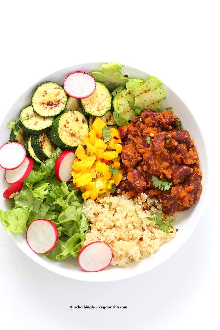 Curried Kidney Beans, Quinoa, Roasted Zucchini, Mango Salsa Bowl | Vegan Richa