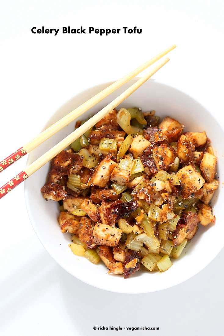 Celery Black Pepper Tofu - Quick Peppery Dinner or Lunch | VeganRicha.com 