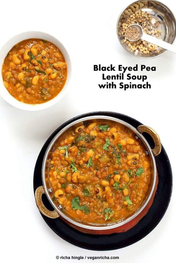 Lentil Black Eyed Pea soup with Greens | https://veganricha.com #vegan #glutenfree #soup #Indian #blackeyedpea #lentil #glutenfree #veganricha #vegan