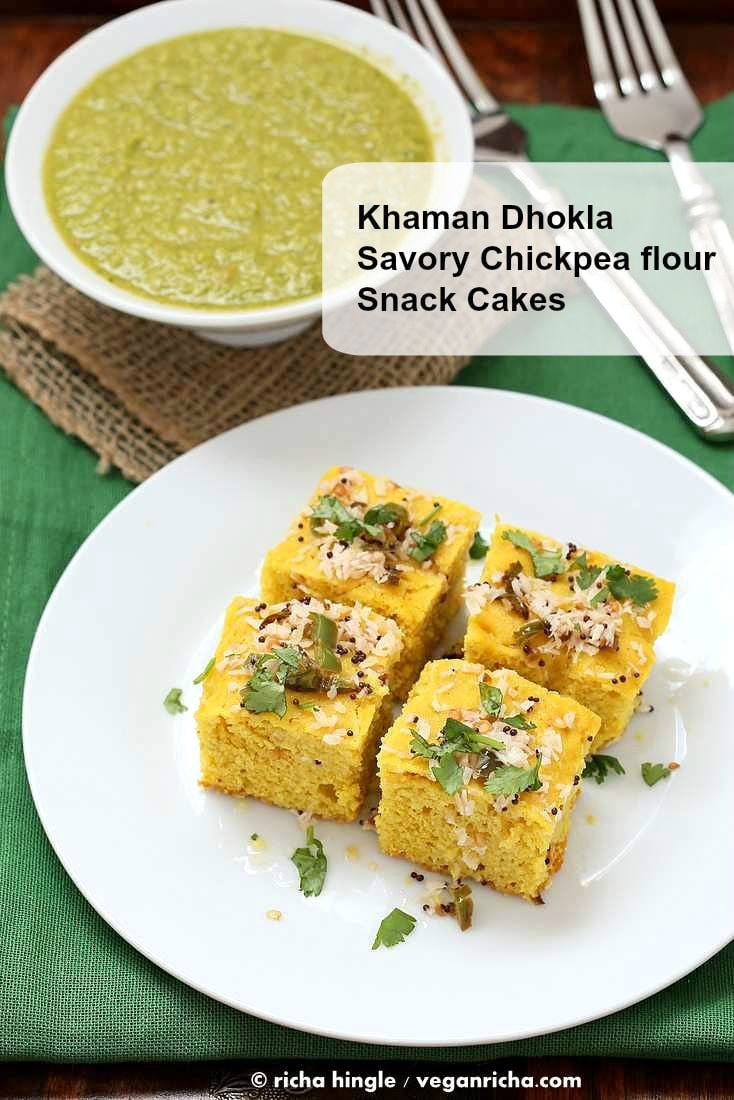 Chickpea flour Snack Cakes - Khaman Dhokla Recipe | https://veganricha.com #vegan #glutenfree #soyfree #snack #breakfast