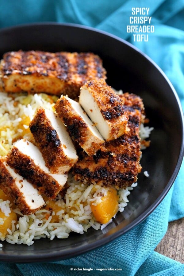 Spicy Crispy Breaded Tofu Strips. Marinated Tofu breaded and grilled or baked. Flavorful and easy. | VeganRicha.com #Vegan #Holiday #Side #glutenfree #veganricha