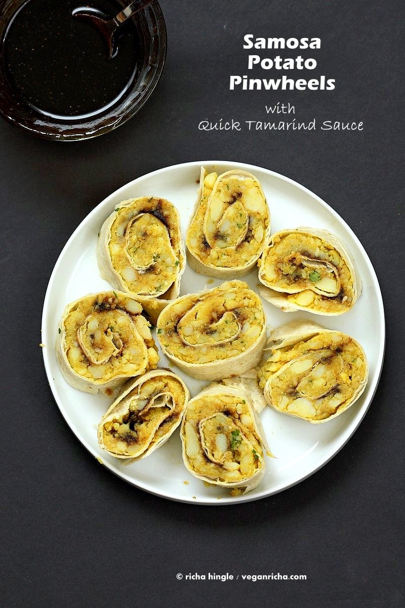 Samosa Pinwheels - Spiced Potato Pinwheels with quick Tamarind Chutney | VeganRicha.com #vegan #appetizer #samosa 
