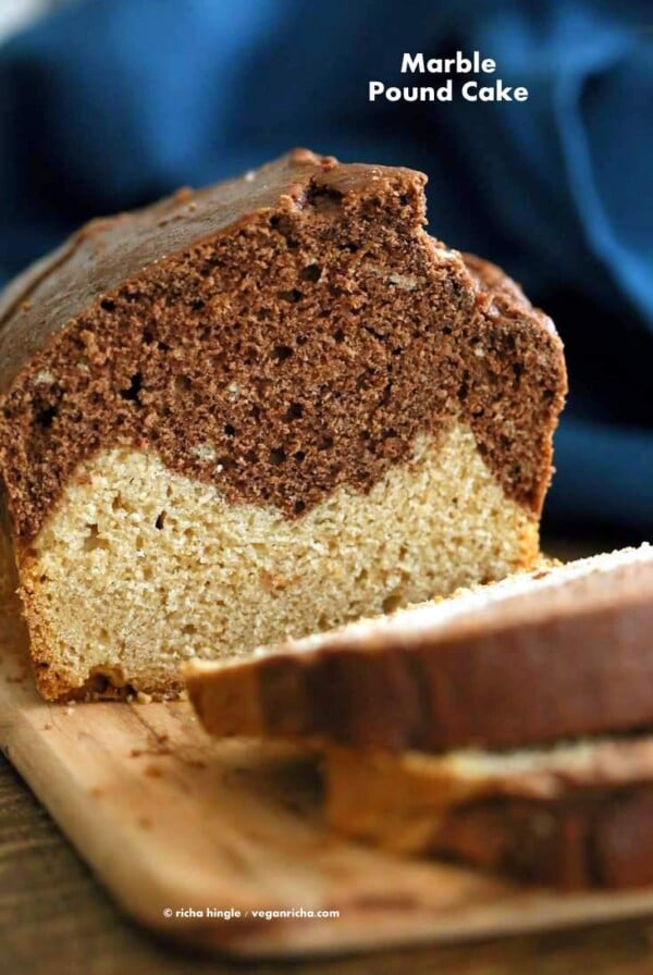 Vegan Cream Cheese Pound Cake. Marbled Vanilla Chocolate Cake. This pound cake is moist and dense | VeganRicha.com #vegan #cake #recipe #veganricha