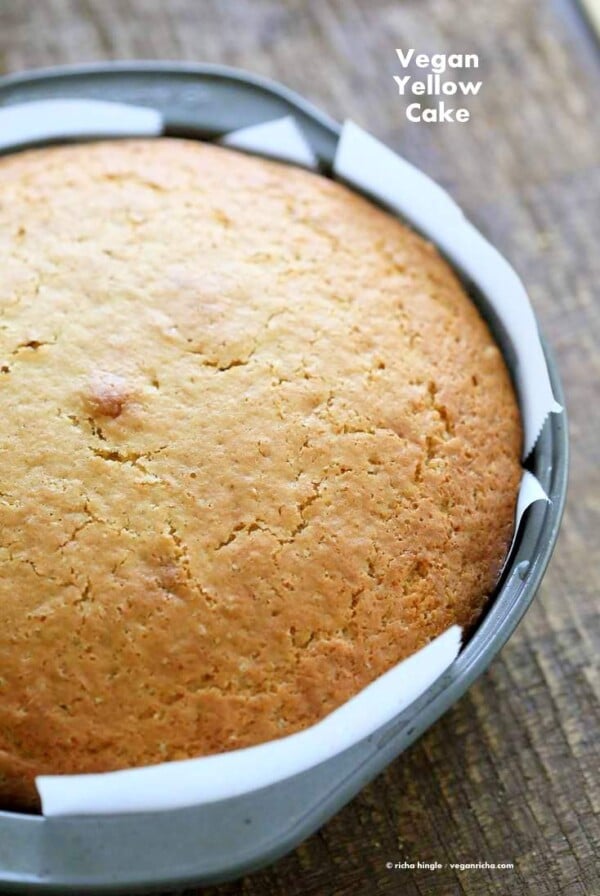 Easy Vegan Yellow Cake Recipe. Make any umber of layers, use frosting of choice to make layered birthday cake or holiday cake. | VeganRicha.com #Vegan #Soyfree #Cake #Recipe #veganricha