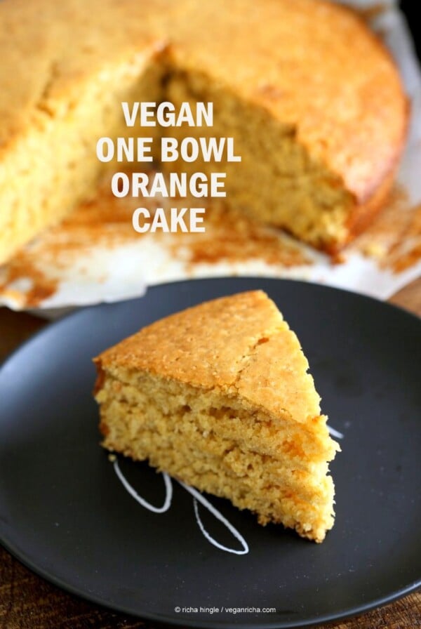 Vegan Orange Cake made in 1 Bowl and just 8 ingredients! Easy Moist Citrusy Vegan Cake. #Soyfree #PalmOilfree #vegan #Recipe.| VeganRicha.com #glutenfree #veganricha #vegan