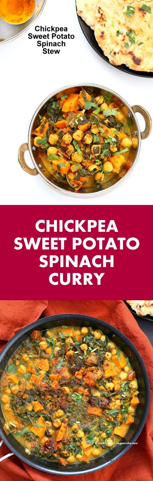 Easy One Pot Chickpea Sweet potato Spinach Curry with Indian Spices. Use spices of choice, pumpkin or other squash and other beans. | VeganRicha.com #vegan #glutenfree #soyfree #recipe