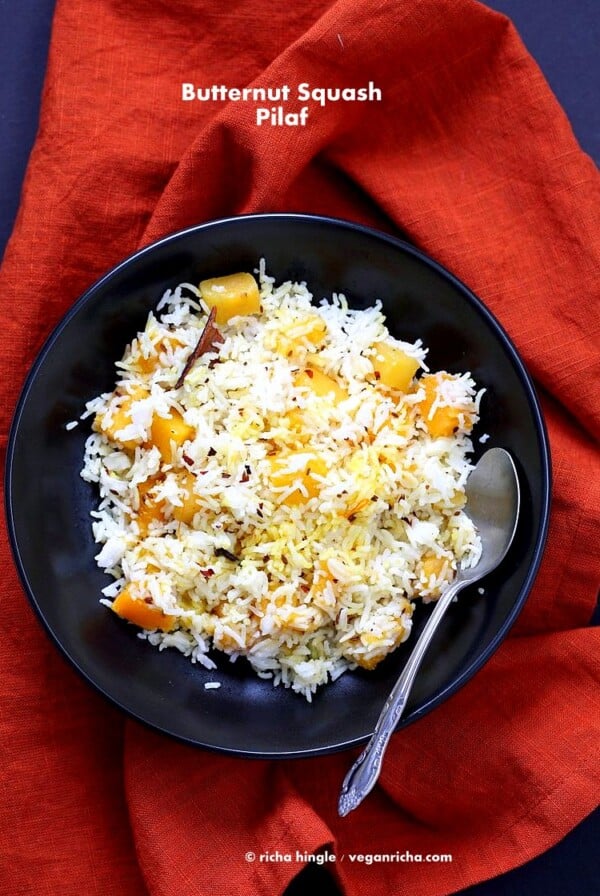 Butternut Squash Pilaf with Whole Spices - Cardamom, cloves, cinnamon. Use other squash or pumpkin and spices of choice. | VeganRicha.com #Vegan #Glutenfree #Holiday #side #Recipe #veganricha