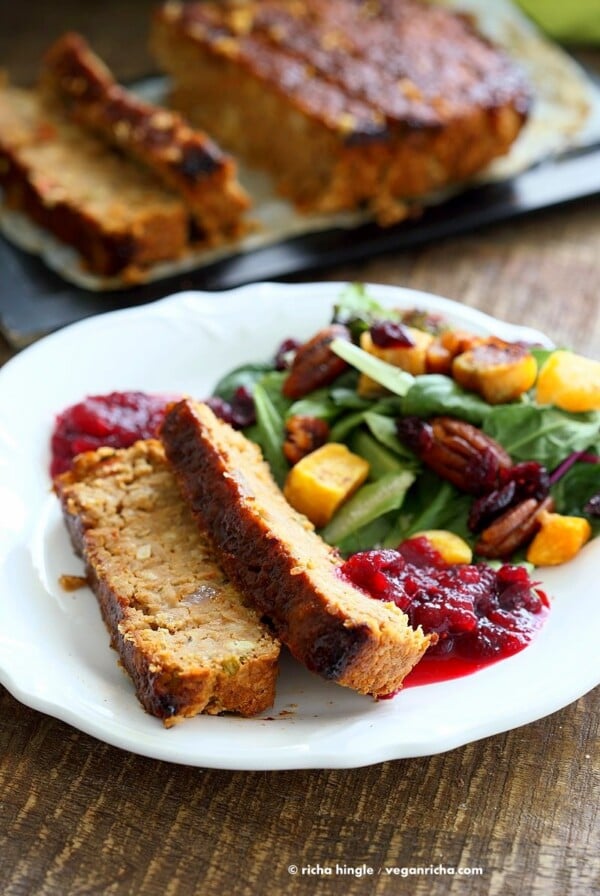 Chickpea Veggie Loaf with spices and a spicy bbq glaze. Chickpea Cannellini bean Veggie meat" loaf for Thanksgiving and the holidays. Easy and delicious. | VeganRicha.com #vegan can be #glutenfree #veganricha