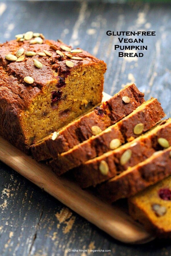 Vegan Gluten free Pumpkin Bread Recipe with cranberries and walnuts. Gum-free, Soy-free. Can be made oat-free. | VeganRicha.com #vegan #glutenfree#pumpkinbread #veganricha