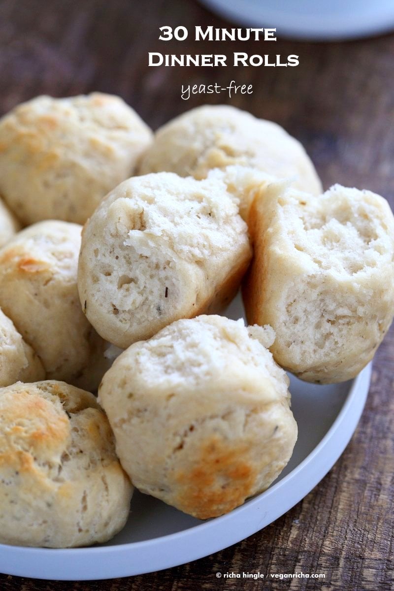 Easy Dinner Rolls No Yeast. These soft herbed Dinner Rolls are ready in 25 minutes! Add herbs of choice, or garlic. | VeganRicha.com #vegan #rolls #Yeastfree #soyfree #nutefree #recipe