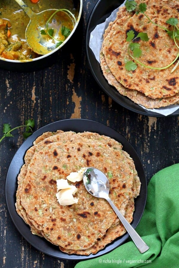 Lauki Paratha - Spiced Opo Squash / Zucchini Wheat Flatbread . Easy Indian flatbread. Yeast-free, Whole grain | VeganRicha.com #vegan #Indian #recipe #veganricha #glutenfree