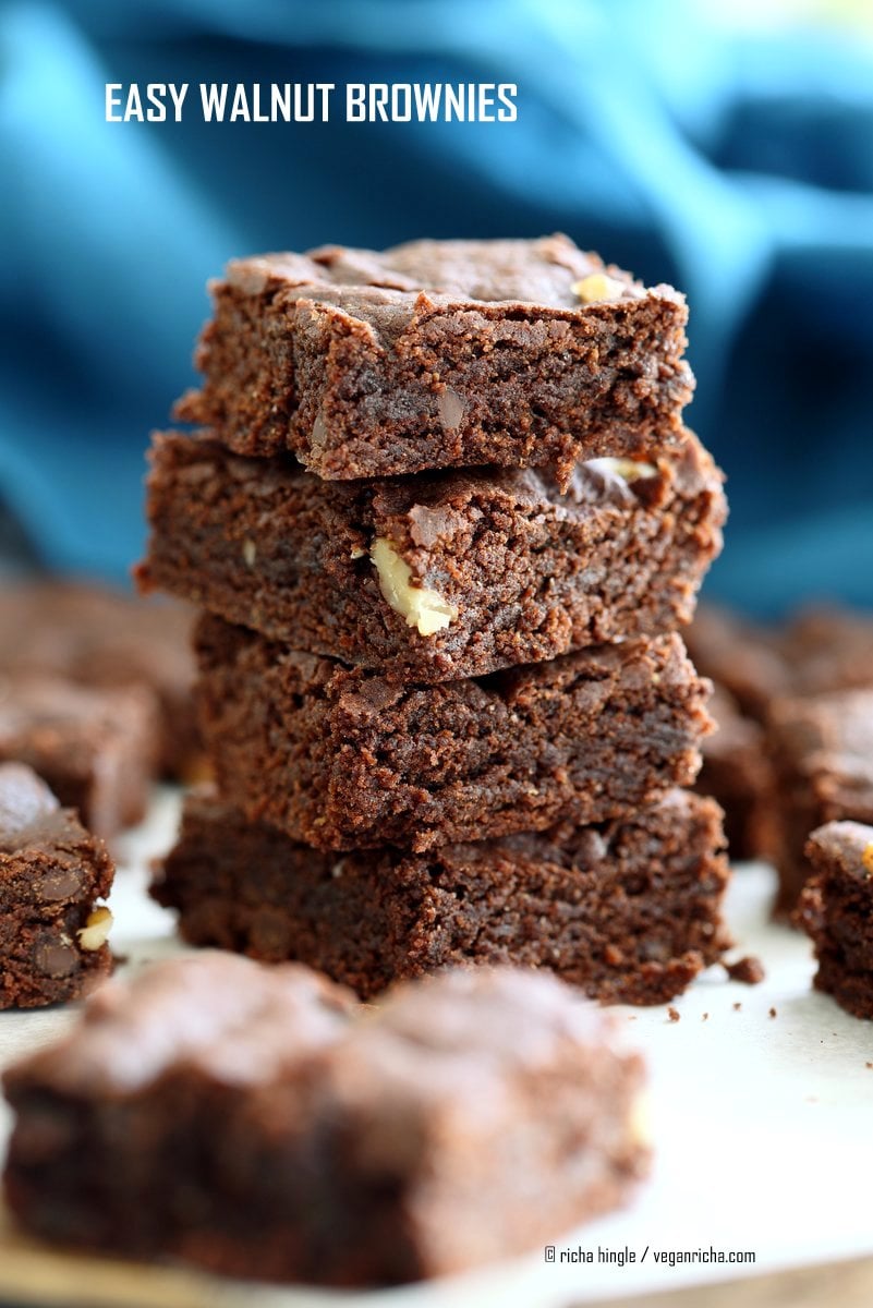 Easy Vegan Brownies Recipe. Fudgy, delicious. Add walnuts, peppermint, ginger, peanut butter swirl for variation | VeganRicha.com #vegan #brownie