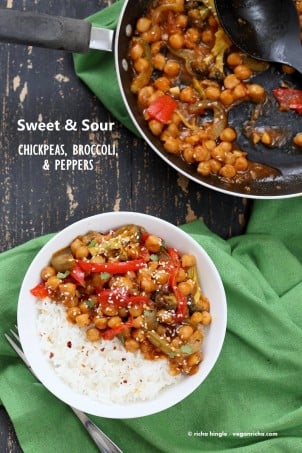 Sweet and Sour Chickpeas, Peppers, and Broccoli. Easy Weeknight One Pot Protein filled Meal. | VeganRicha.com #vegan #glutenfree #chickpeas #recipe #veganricha