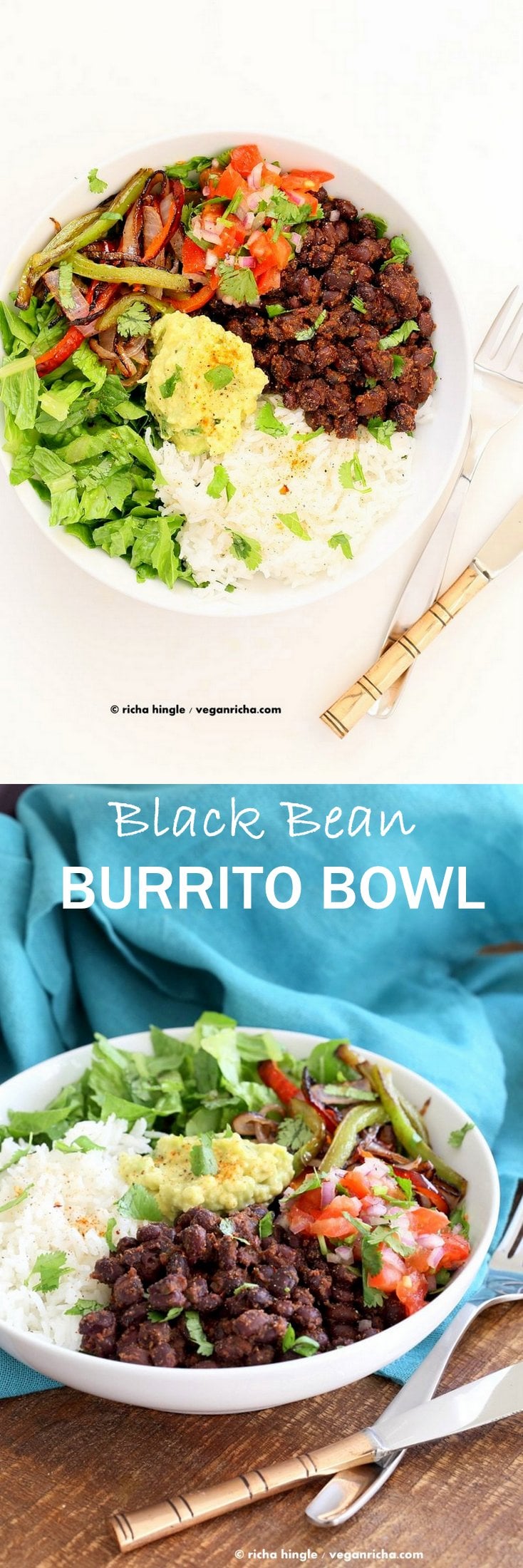 Easy Black Bean Burrito Bowl. Spicy black beans, roasted peppers and veggies, zesty guacamole, pico de gallo, fresh lettuce. DIY Burrito Bowl Chipotle style. | VeganRicha.com #vegan #glutenfree #soyfree #bowl #recipe