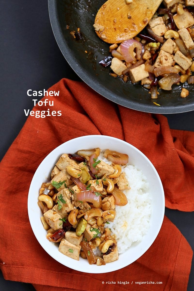 Cashew Tofu Stir Fry. Vegan Cashew Delight Recipe with Tofu and Veggies. Easy One Pot weeknight meal. Serve with rice or grains of choice. VeganRicha.com Vegan gluten-free Recipe