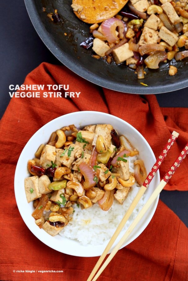 Cashew Tofu Stir Fry. Vegan Cashew Delight Recipe with Tofu and Veggies. Easy One Pot weeknight meal. Serve with rice or grains of choice. VeganRicha.com Vegan gluten-free Recipe #glutenfree #veganricha #vegan