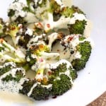 Roasted Broccoli with Creamy Basil Dressing. Broccoli tossed in garlic, cayenne, and baked. Served with cheesy cashew basil sauce. Vegan Gluten-free soy-free Recipe | VeganRicha.com #glutenfree #veganricha #vegan