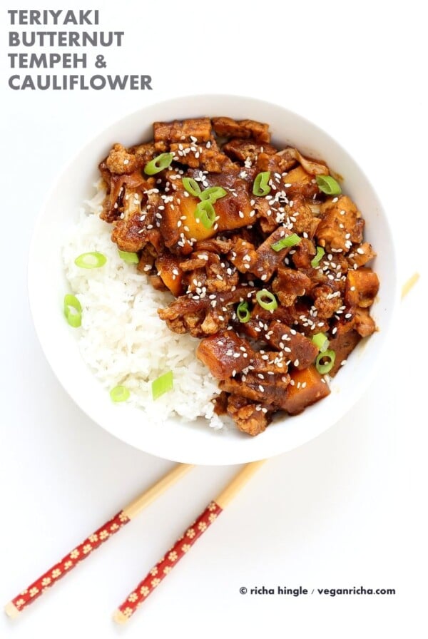 Tempeh Cauliflower Butternut in Teriyaki Sauce. This teriyaki sauce is date sweetened and works amazingly with butternut squash and vegetables. Vegan Gluten-free Recipe VeganRicha.com #glutenfree #veganricha #vegan