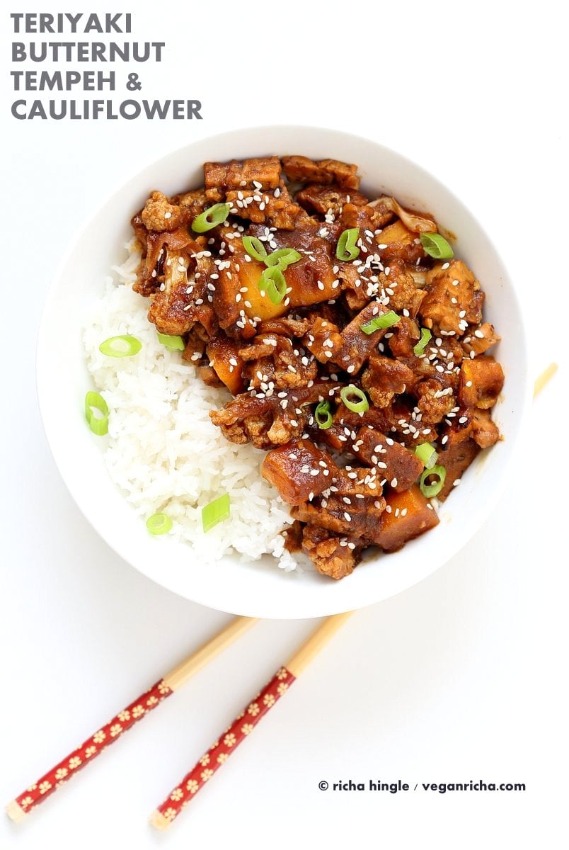 Tempeh Cauliflower Butternut in Teriyaki Sauce. This teriyaki sauce is date sweetened and works amazingly with butternut squash and vegetables. Vegan Gluten-free Recipe VeganRicha.com