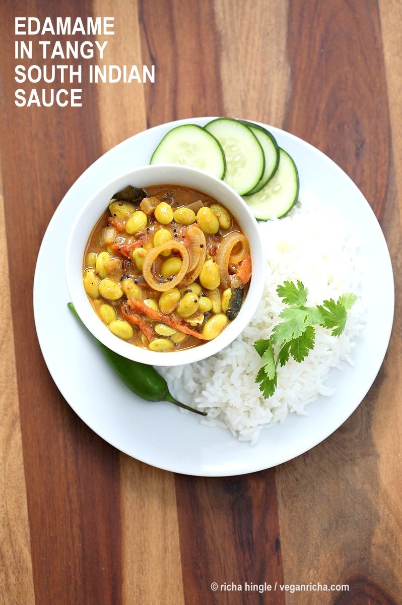 Edamame in Tangy South Indian Curry - Edamame Kara Kuzambu. Use other beans or chickpeas in this delicious vegan gluten-free Indian curry | VeganRicha.com