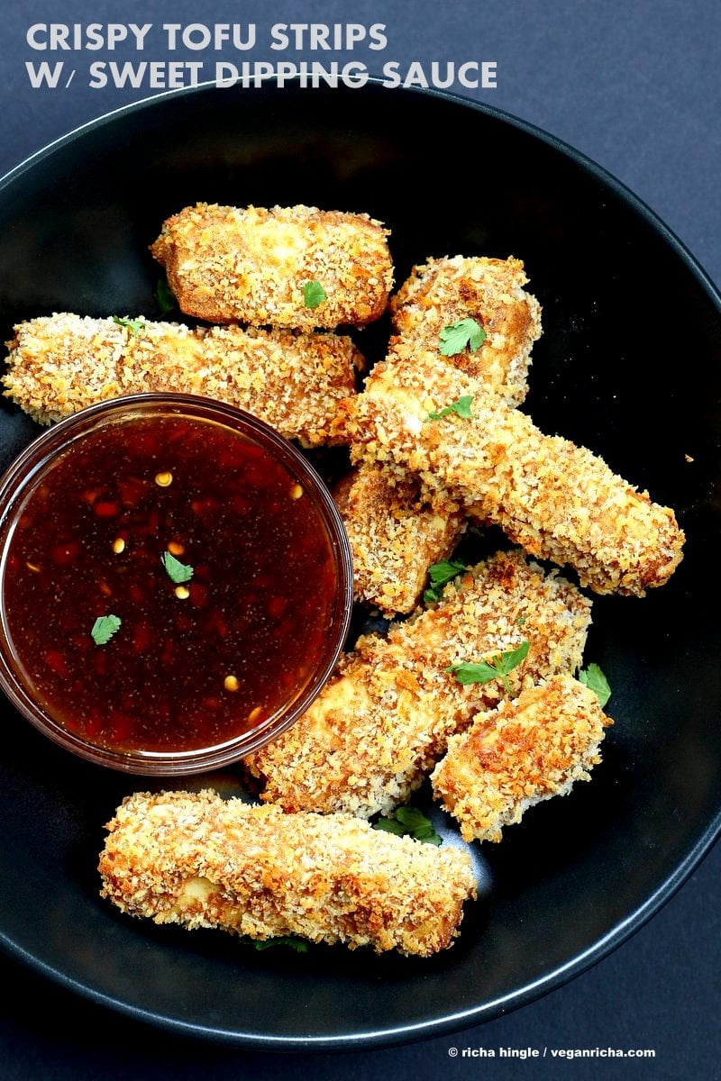 Crispy Tofu with Sweet Chili Sauce. Cruncy Crispy Breaded Tofu Strips with Sweet chili dipping sauce. Vegan Appetizer Recipe for Super bowl Gameday | VeganRicha.com
