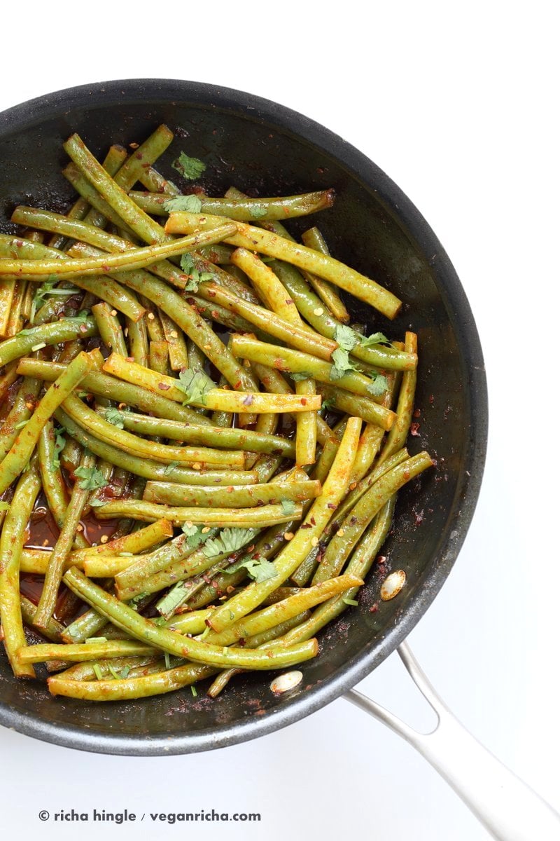Red Curry Green Beans - Green Beans Stir fry with red curry paste, kaffir lime, sugar and chile. Phad Phrik Khing #Vegan #Glutenfree #Soyfree #Recipe | VeganRicha.com