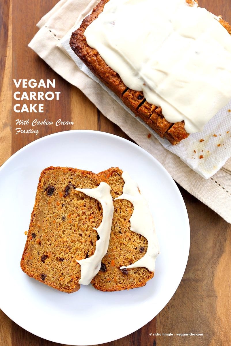 Vegan Carrot Cake Recipe. Vegan Carrot Cake Quick bread loaf with Cashew Cream Frosting. Moist, spiced, full of carrots. Low oil. #vegan #Soyfree #Palmoilfree #Easter #recipe | VeganRicha.com