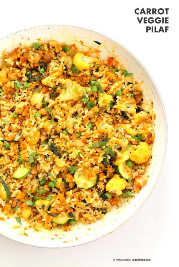 Vegetable Carrot Fried Rice with Indian spices. Carrot Veggie Brown Rice Pilaf. Colorful flavorful side for Easter or Holidays. #Vegan #Glutenfree #Soyfree #Recipe | VeganRicha.com #glutenfree #veganricha #vegan