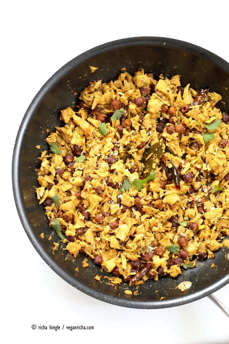 Fanasachi Bhaji - Maharashtrian Jackfruit Brown Chickpea Coconut Stir fry with coconut, sesame, Indian spices. Vegan Gluten-free Soy-free Side Recipe.| VeganRicha.com