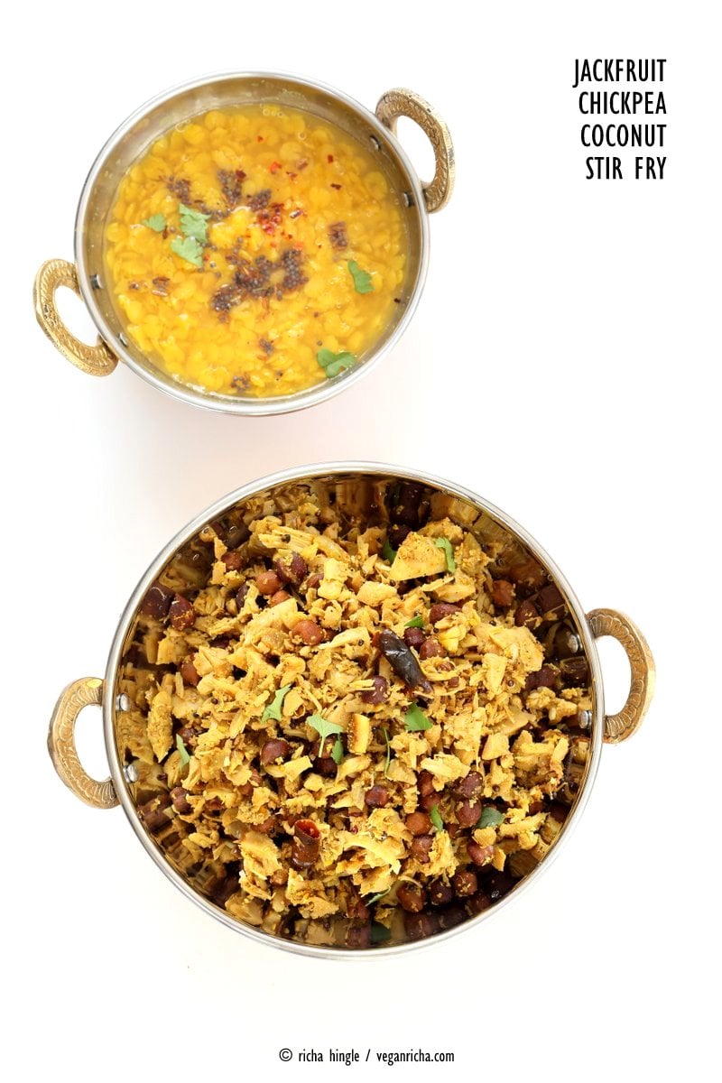 Fanasachi Bhaji - Maharashtrian Jackfruit Brown Chickpea Coconut Stir fry with coconut, sesame, Indian spices. Vegan Gluten-free Soy-free Side Recipe.| VeganRicha.com