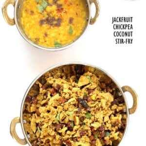 Fanasachi Bhaji - Maharashtrain Jackfruit Brown Chickpea Coconut Stir fry with coconut, sesame, Indian spices. Vegan Gluten-free Soy-free Side Recipe.| VeganRicha.com #glutenfree #veganricha #vegan