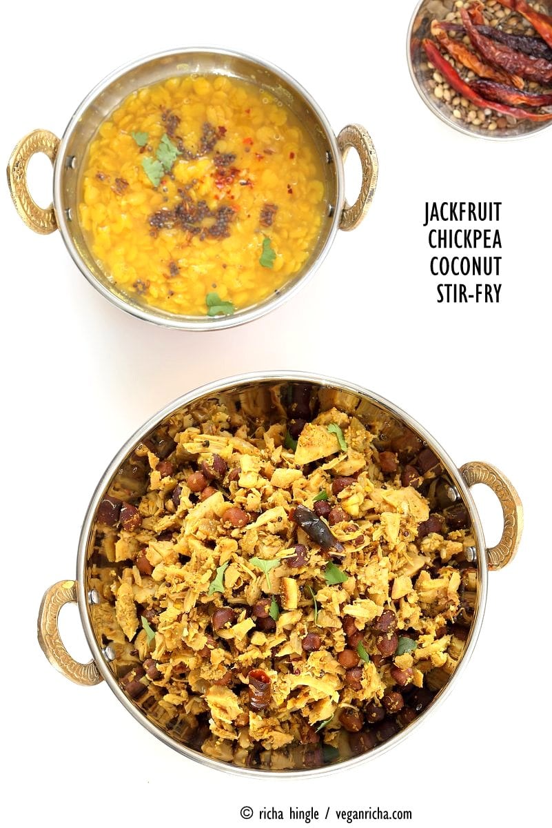 Fanasachi Bhaji - Maharashtrian Jackfruit Brown Chickpea Coconut Stir fry with coconut, sesame, Indian spices. Vegan Gluten-free Soy-free Side Recipe.| VeganRicha.com