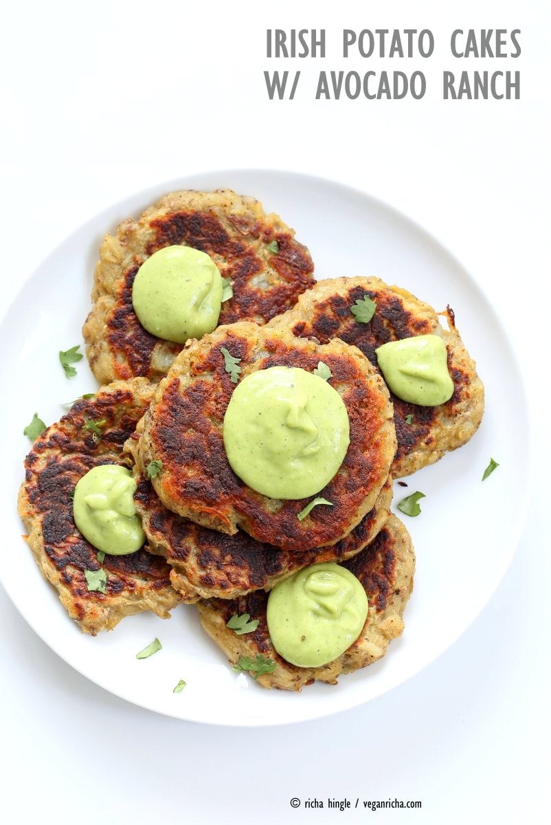 Traditional Irish potato cakes known as boxty, made eggless and vegan. Serve with avocado basil garlic ranch dressing. Vegan Soyfree Recipe | VeganRicha.com