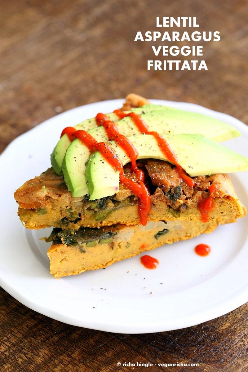 Lentil Veggie Asparagus Frittata. Blended red lentils make the egg in this lentil frittata filled with Spring vegetables. Easy Vegan Gluten-free Soy-free Recipe | VeganRicha.com
