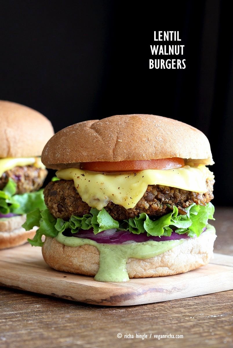 Spiced Lentil Walnut Burgers. Easy Flavorful Burger patties with avocado ranch. Vegan Burger Recipe. Soyfree Easily gluten-free | VeganRicha.com