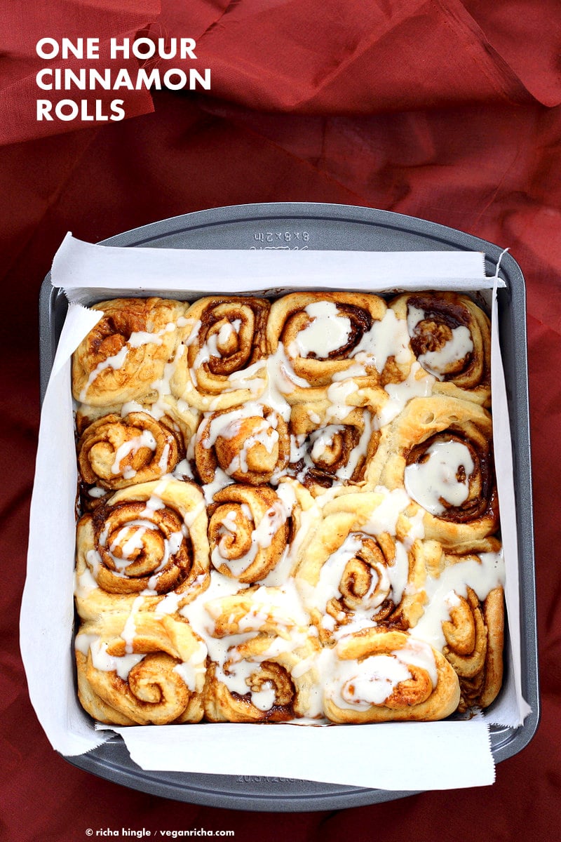 Easy Homemade 1 hour Cinnamon Rolls. Vegan Cinnamon Rolls with Cashew cream frosting. Ready in 60 minutes. Vegan Soy-free Palm Oil free Breakfast Recipe | VeganRicha.com
