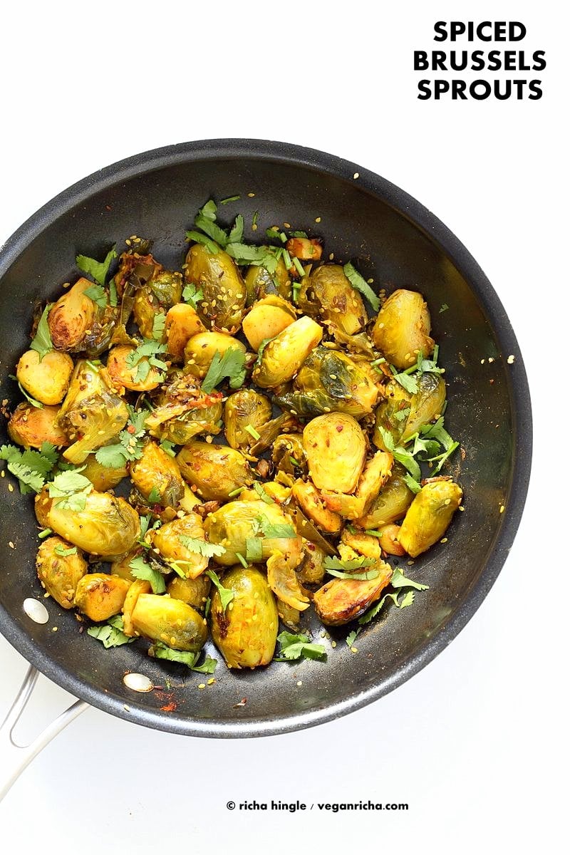 Pan Roasted Brussels Sprouts Subzi with Cumin and Mustard Seeds. Easy Spiced Brussels Sprouts. Serve in a bowl with Dal and Rice or as a side. Vegan gluten-free Soy-free Indian Recipe. | VeganRicha.com 