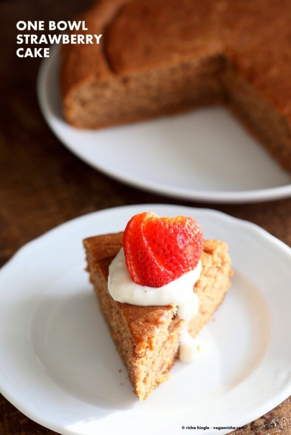 Easy One Bowl Strawberry Cake. Vegan Strawberry Cake with whipped coconut cream or strawberry beet buttercream frosting. Vegan Spring Cake Recipe | VeganRicha.com #vegan #glutenfree #veganricha