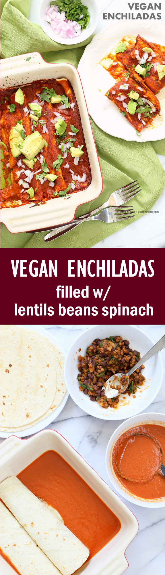 Vegan Enchiladas Recipe. Easy Enchilada Recipe with Blender Enchilada Sauce, soft tortillas filled with Black beans and Lentils. #Vegan #Soyfree Recipe. Can be #Glutenfree. Ready within One Hour | VeganRicha.com