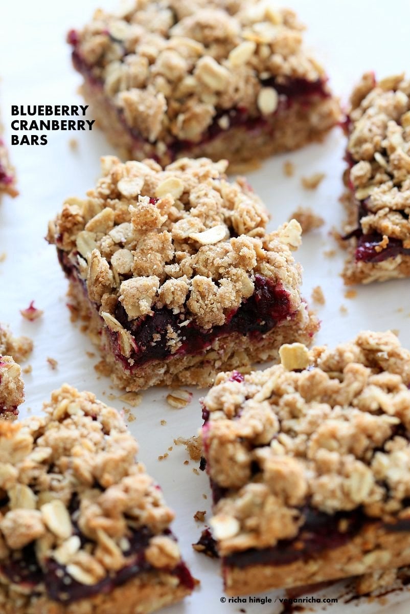 Cranberry Blueberry Crumb Bars. Easy Blueberry Bars. Crumble bars with blueberry cranberry chia layer, shortbread and oat crumb topping. Vegan Recipe. #vegan #veganricha | VeganRicha.com
