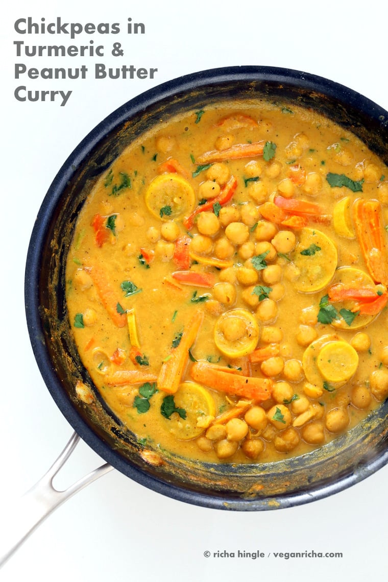 1 Pot Chickpeas in Turmeric Peanut Butter Curry. Easy Nut Butter Curry Sauce with Summer veggies and Chickpeas. #Vegan #Glutenfree #Soyfree #Recipe | VeganRicha.com