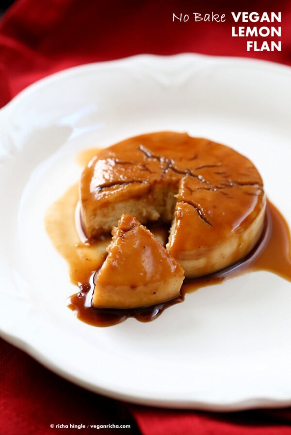 Lemon Flan. Vegan Flan Recipe. No Bake No Egg Custard flan with caramelized coconut sugar. Spanish Custard flan or Creme Caramel. Vegan gluten-free Soy-free Oil-free Recipe | VeganRicha.com #vegan #glutenfree #veganricha