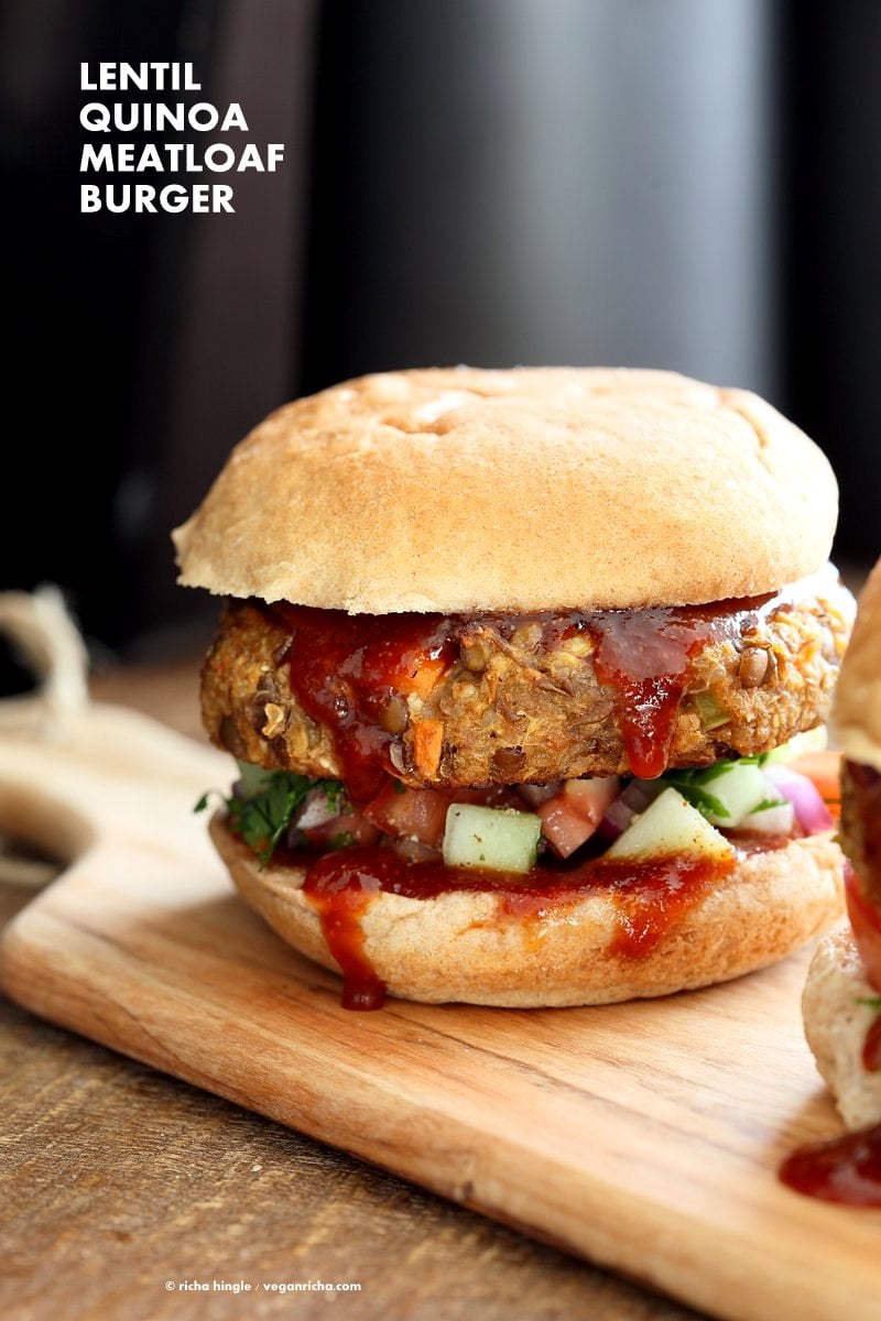 Lentil Quinoa Meatloaf Burgers. Lentil Quinoa Burger patties with bbq glaze. Easy "Meatloaf" Burgers. Serve as burgers with buns or as patties over a salad. Vegan Nut-free Recipe | VeganRicha.com