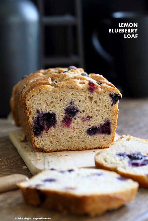 Lemon Blueberry Cake. This zesty Blueberry Lemon Pound Cake is dense and full of flavor. Use other berries in this Vegan Pound Cake Recipe. Non Dairy Yogurt Pound Cake Loaf with lemon and blueberries. 15 min prep and done. | VeganRicha.com #vegan #glutenfree #veganricha