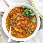 Lentil Brown Rice Soup. Easy 1 pot Lentil Rice Soup with Spinach or greens of choice. 20 minutes active time then let everything simmer. Serve with crackers, papadum or grilled vegan cheese sandwiches. Vegan Gluten-free Soy-free Recipe | VeganRicha.com #vegan #glutenfree #veganricha